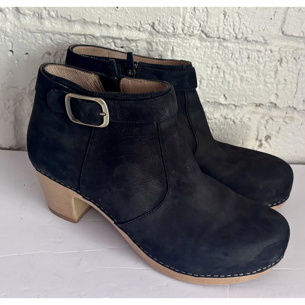 Dansko Black Nubuck Leather Maria Ankle Clog Boots Buckle Block Heel EU42 US11.5